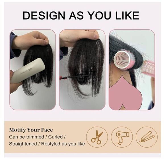 100% Real Human Hair Clip on Wispy Front Bangs Fringe Hairpiece, Topper - Picture 3 of 15